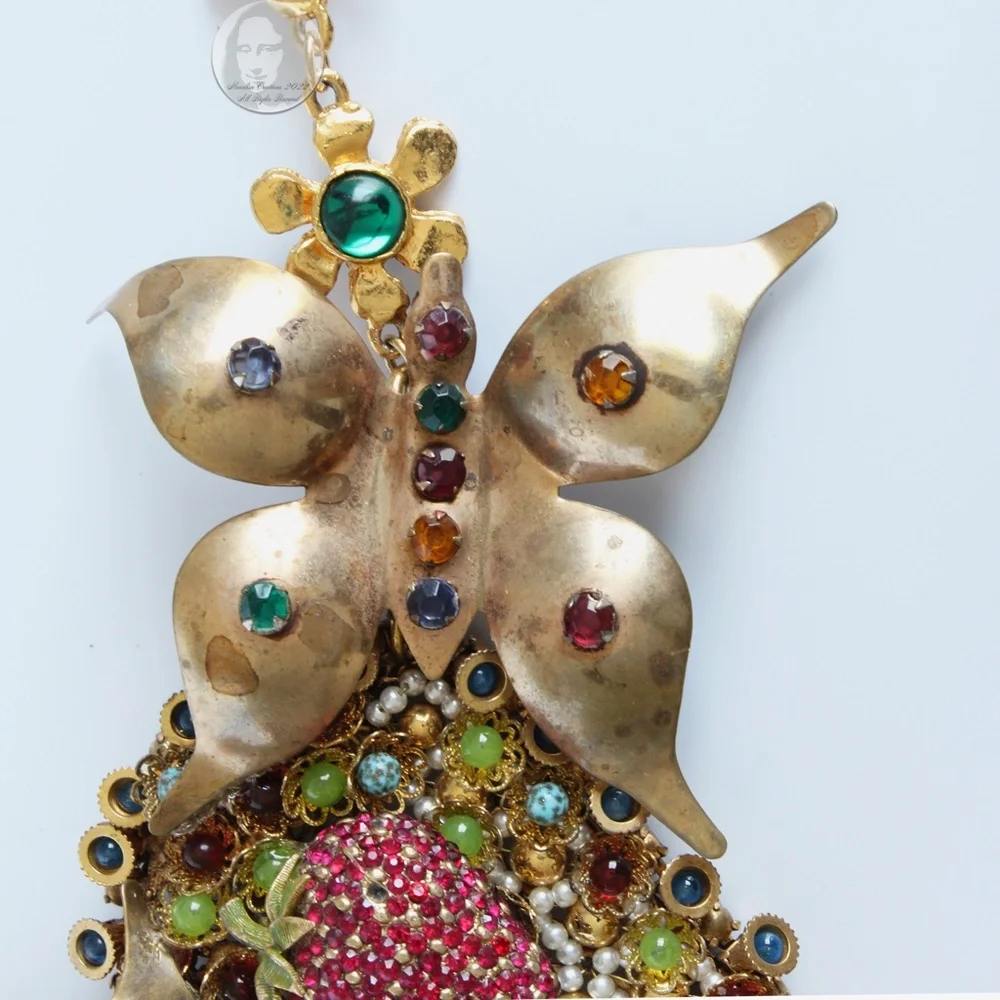 Vintage Butterfly & Berry Necklace Rhinestones Florals By Stephanie Lake Design